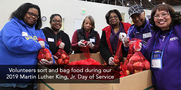 Volunteers sorting food during our 2019 Martin Luther King, Jr. Day of Service