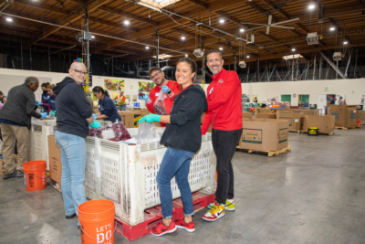 Volunteers sorting cherries