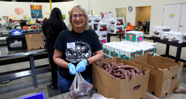 Volunteer & Advocate Robin Marsh in ACCFB's Community Engagement Center sorting sweet potatoes